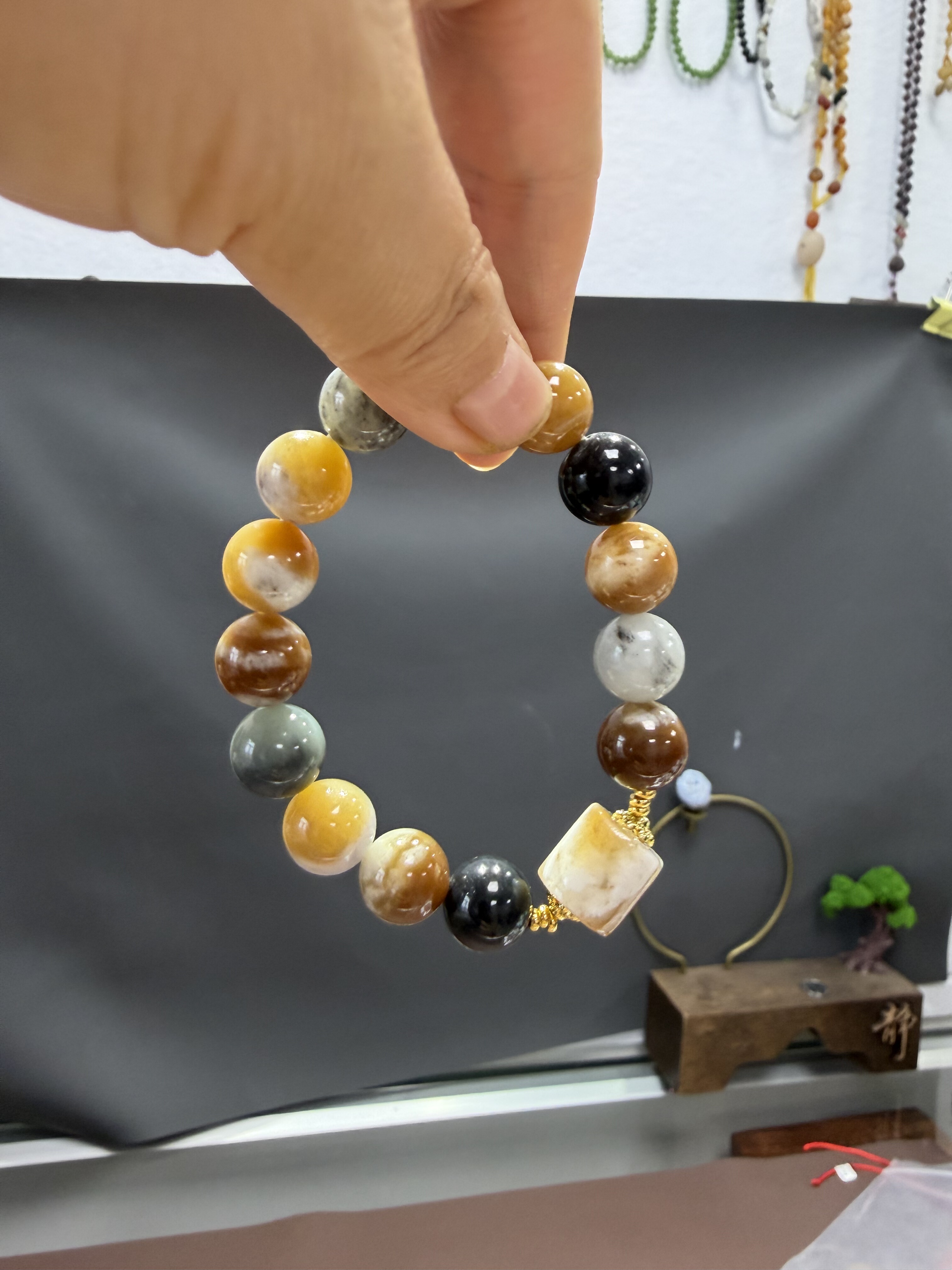 天然新疆和田玉楼兰三色牛轧糖手串12mm玉石手链女款手串533号