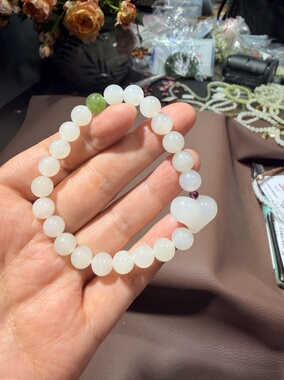 天然和田玉白玉8mm圆珠屁桃手链手串一物一图带证书464号