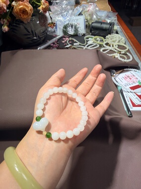 天然和田玉白玉8mm圆珠屁桃手链手串一物一图带证书463号