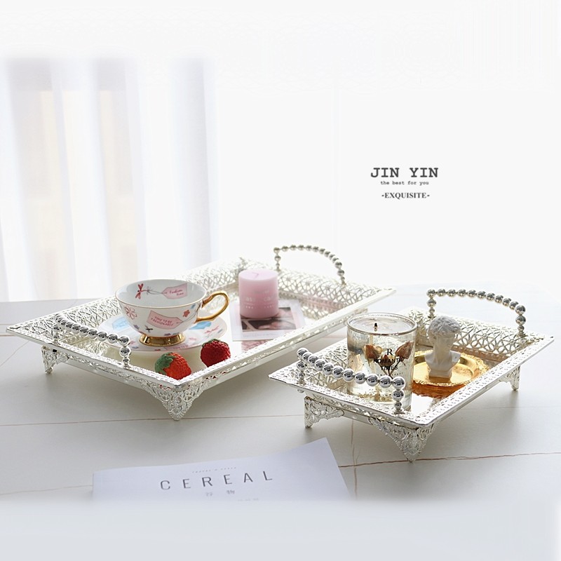 镀银托盘套装婚礼样板间装饰盘玄关钥匙盘欧式茶盘桌面酒杯收纳盘