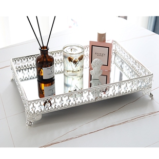 金属化妆品摆件镜面欧式 镀银水杯酒具收纳盘 长方形水晶玻璃托盘