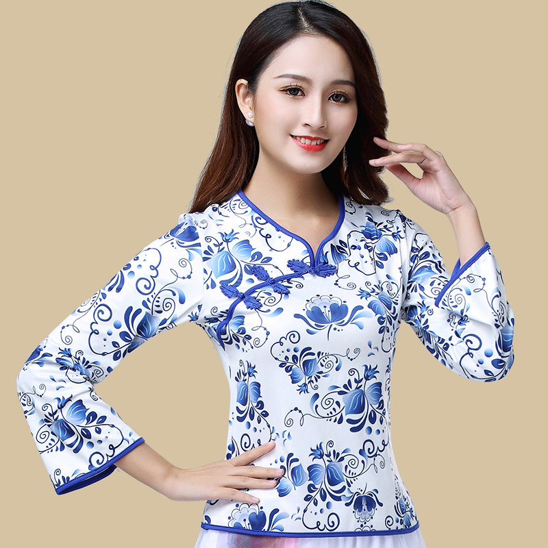 青花瓷舞蹈服新款民族风广场舞服装女春秋长袖盘扣练功服跳舞上衣