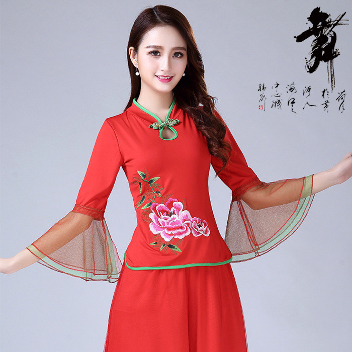 春夏新款广场舞蹈服女牡丹绣花立领民族风跳舞衣牛奶丝表演练功服