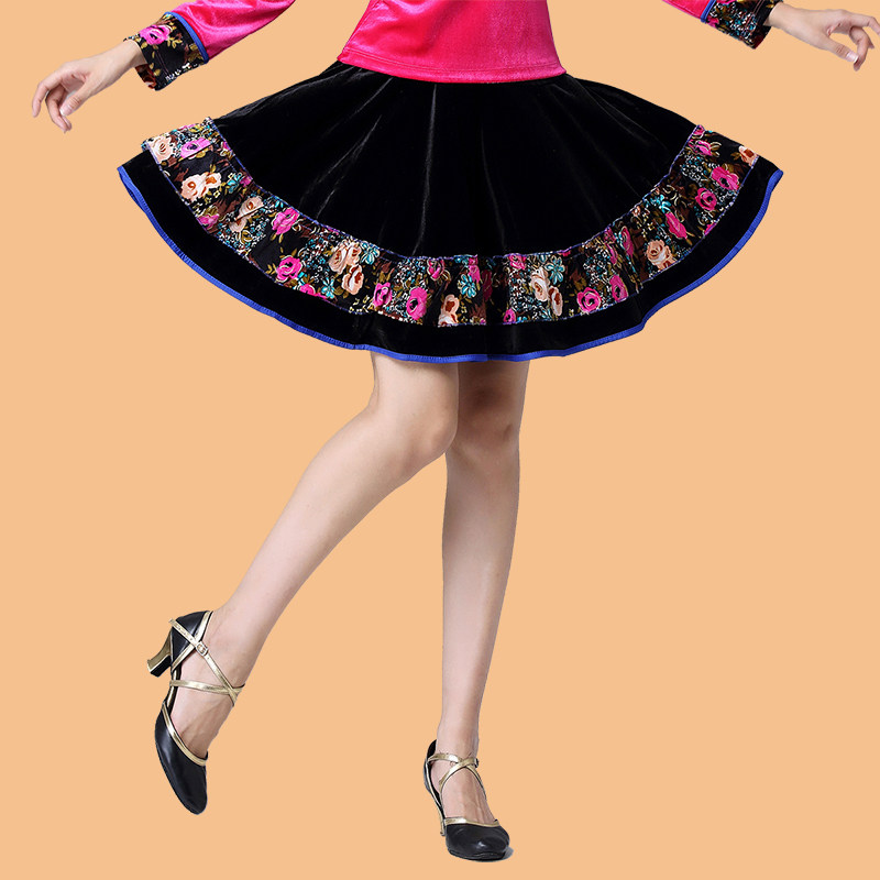 金丝绒广场舞半身裙秋季新款舞蹈裙女民族古典舞交谊舞跳舞表演裙