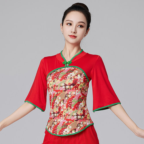 立领印花民族风广场舞秧歌舞蹈服