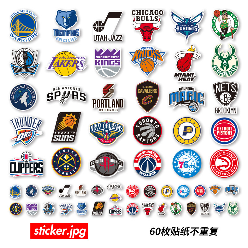 60枚nba美国职业篮球联赛东西部队标logo笔记本电脑机车防水贴纸