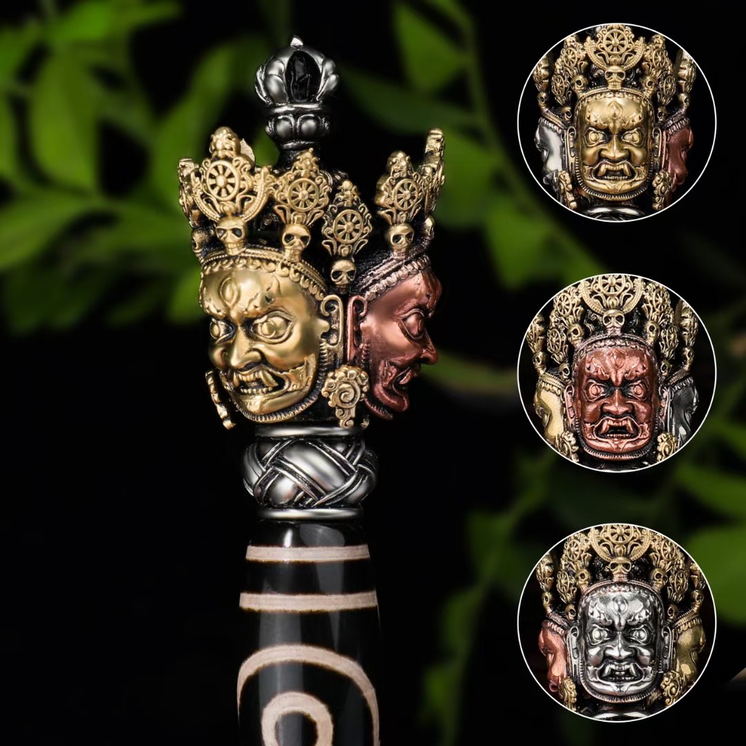 藏传天珠三面普巴金刚橛降魔杵金刚杵摆件带底座中间可转动精美