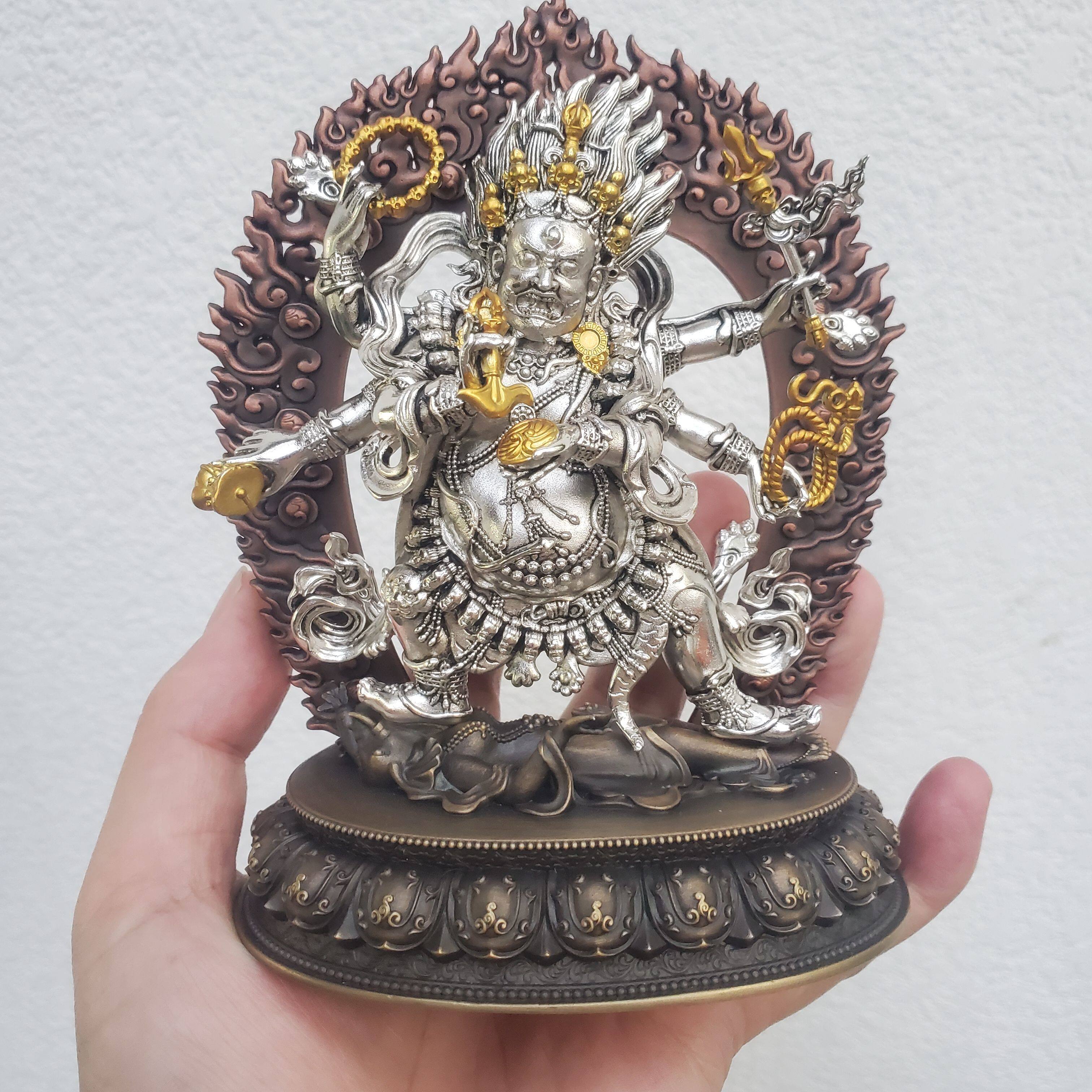 藏传工艺纯铜鎏银六臂玛哈嘎拉佛像大黑天手工金家居供奉随身摆件