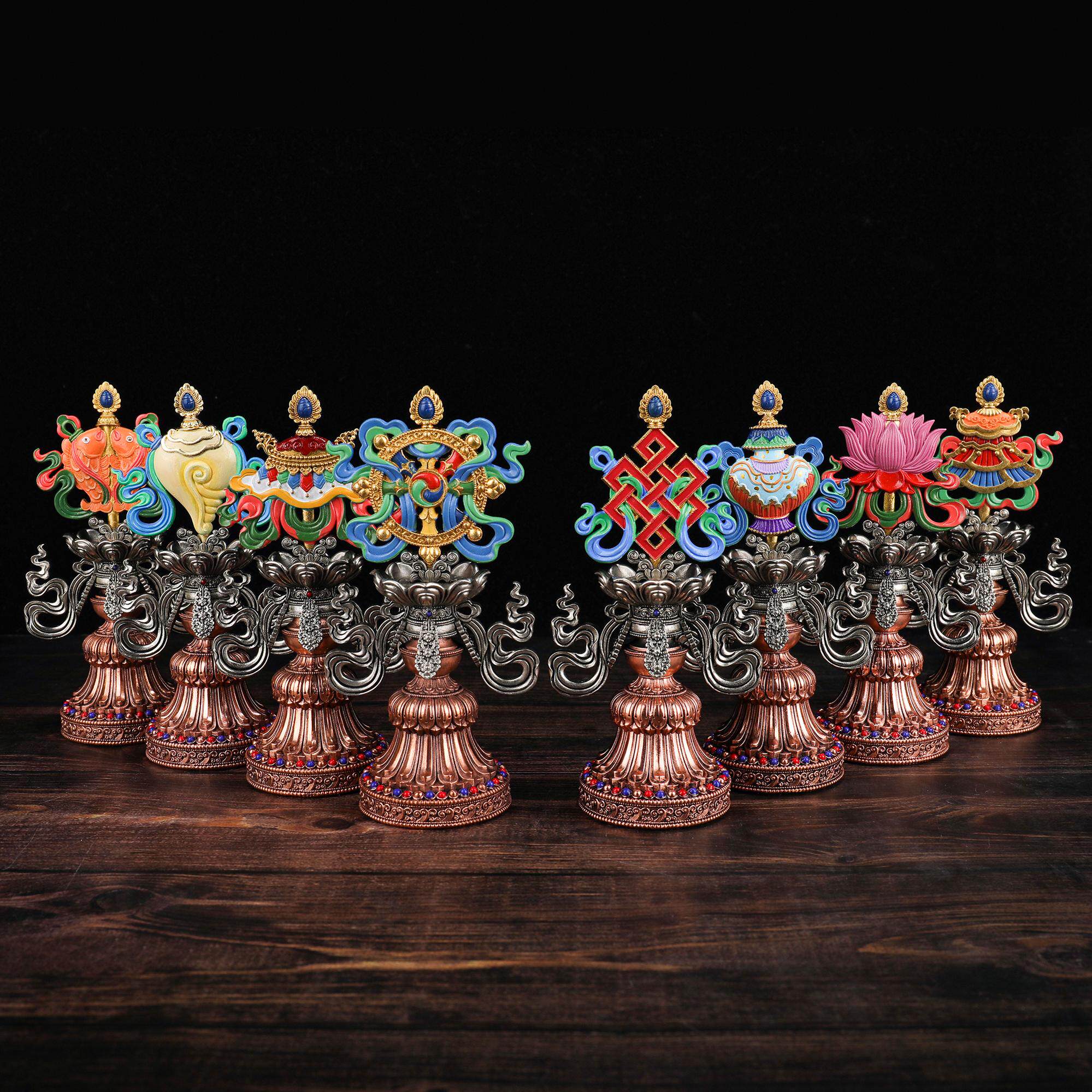 藏传纯铜彩绘八吉祥摆件吉祥八宝法轮海螺手工彩绘家居供奉摆件