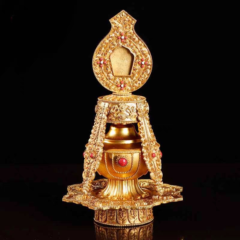 西藏供奉长寿宝瓶纯铜鎏金铜摆件