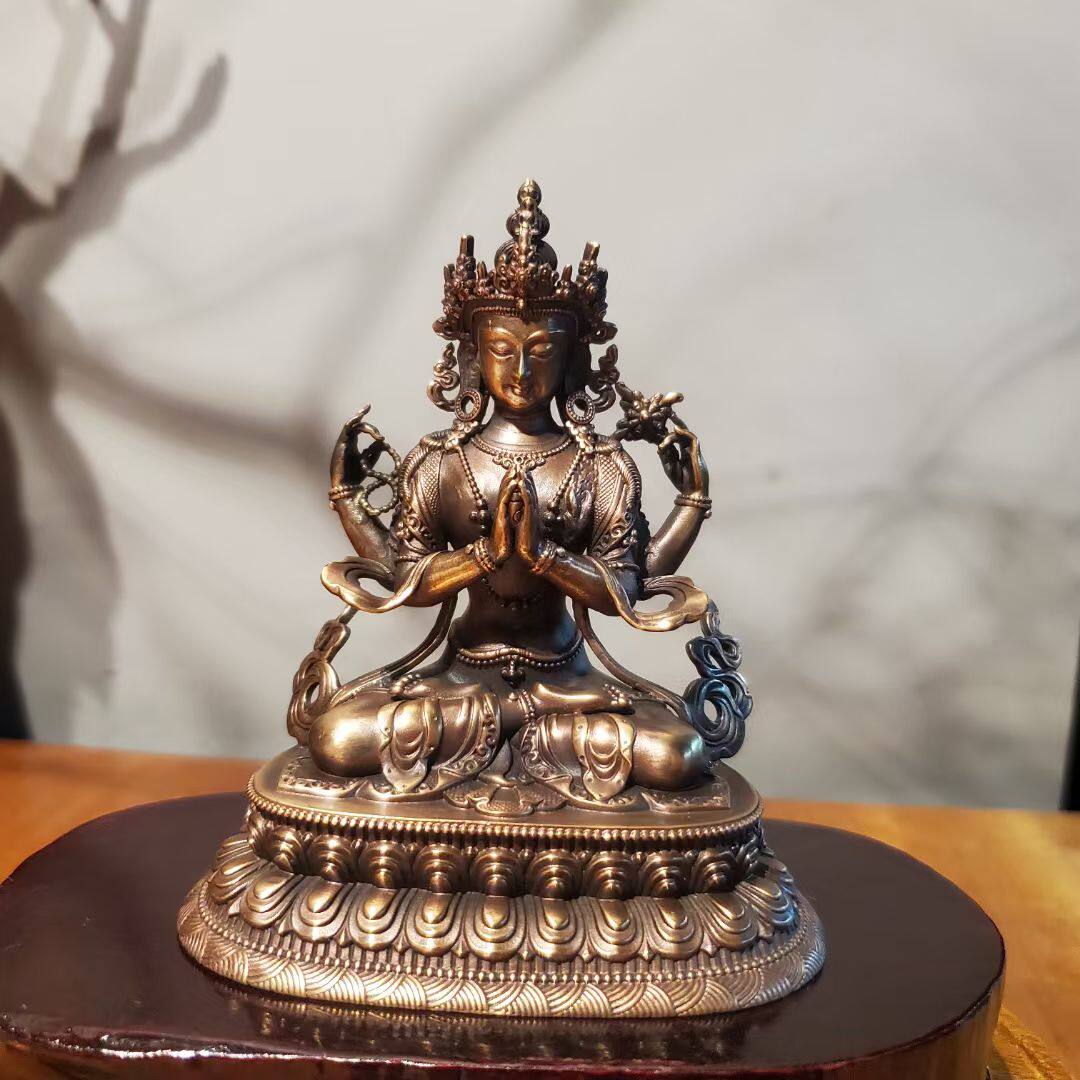 尼泊尔工艺四臂观音菩萨纯铜精工家居供奉车载摆件紫铜十公分