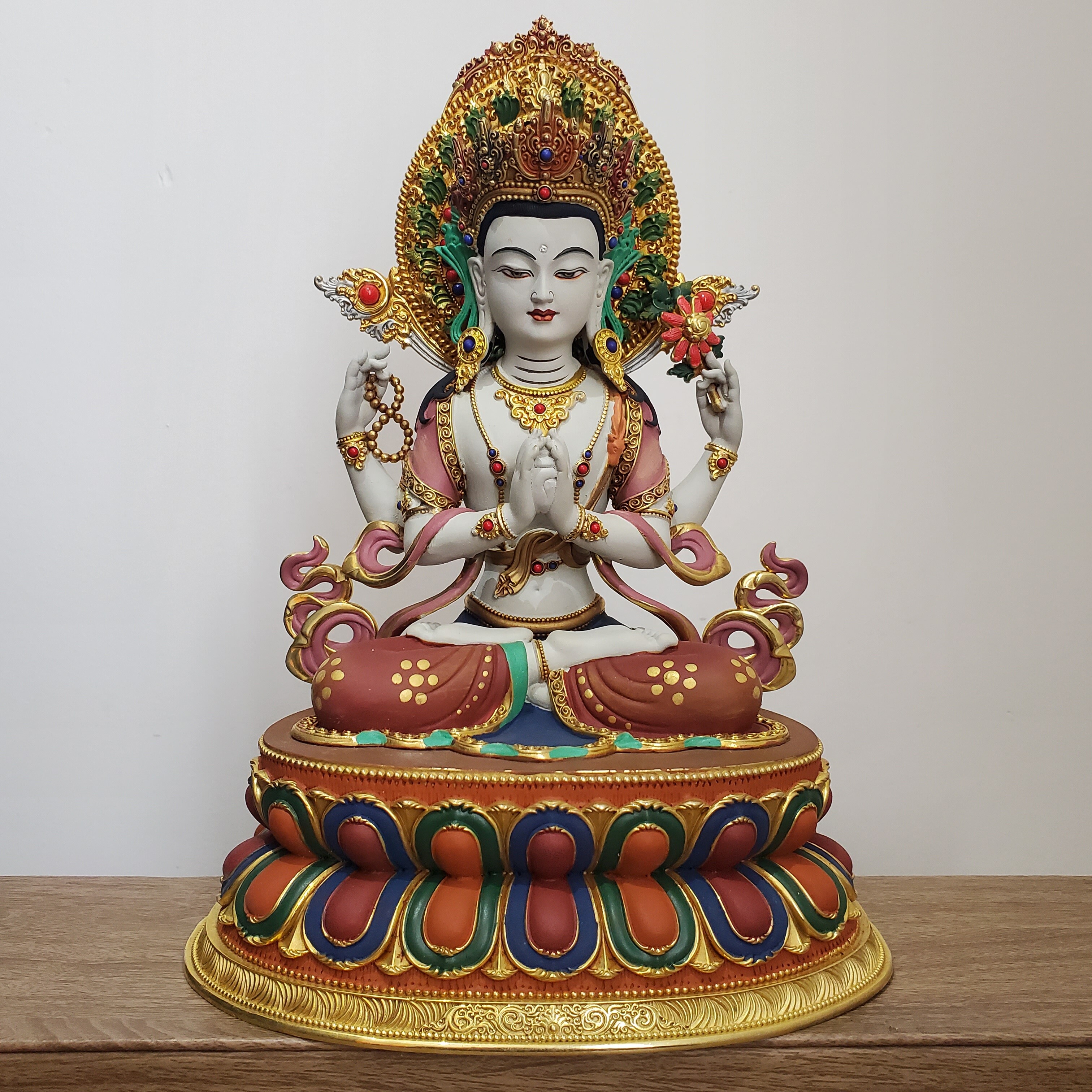 尼泊尔工艺纯铜彩绘手工四臂观音菩萨佛像家居佛堂供奉车载摆件