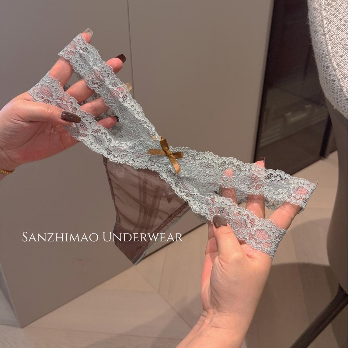 欲姬腰精~性感蕾丝丁字裤女生低腰无痕网纱蝴蝶结细带T字内裤