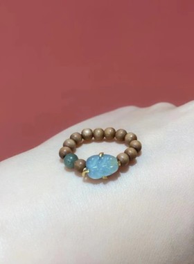 檀木戒指女老山檀小木珠指环男小众设计感玉石叶子如意翡翠手饰