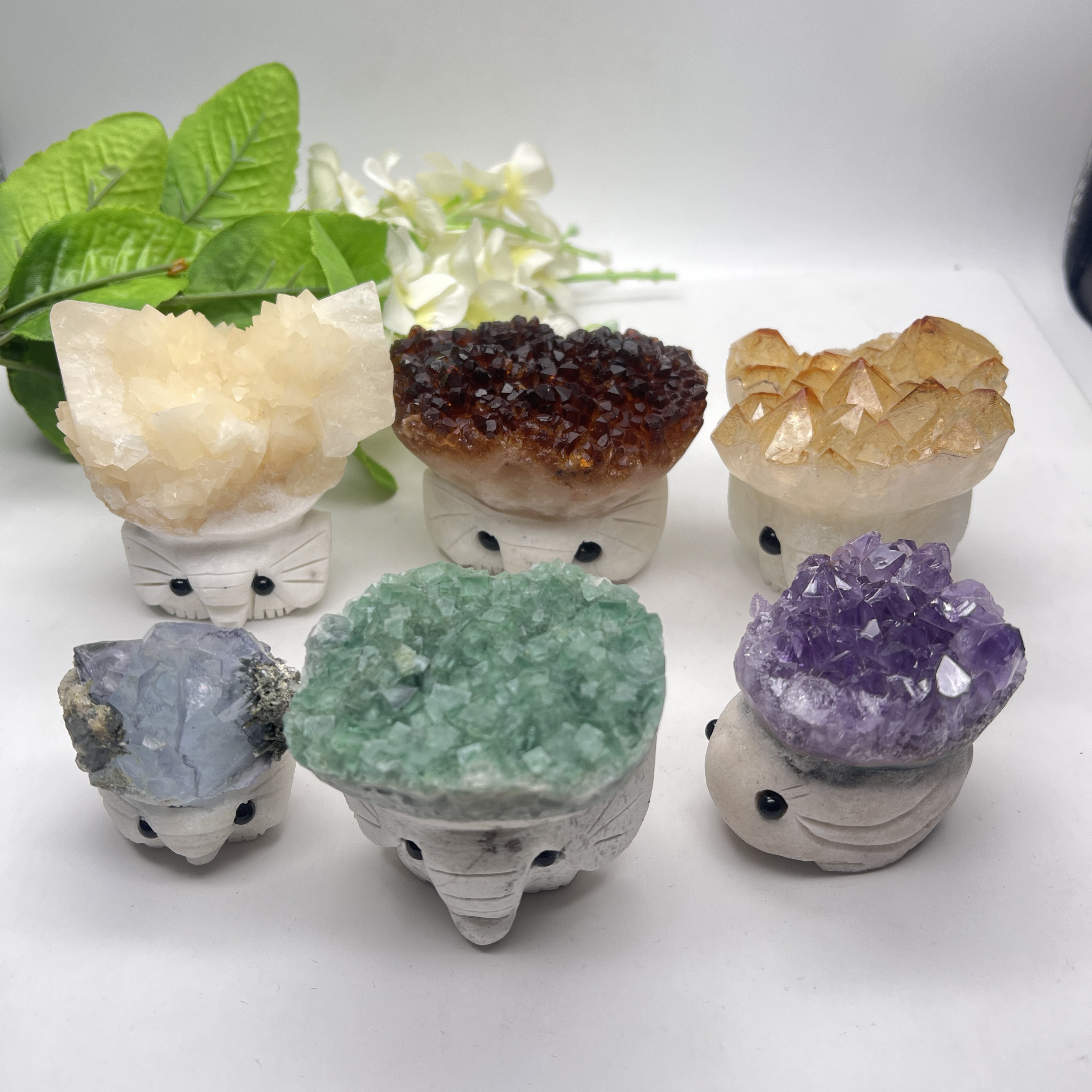 天然水晶原石雕刻大象猫头鹰刺猬摆件diy桌面小摆件微景装饰配件