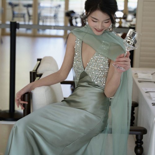 journeyj薄荷绿色深V亮片闪闪缎面小礼服裙子连衣裙圣诞生日party