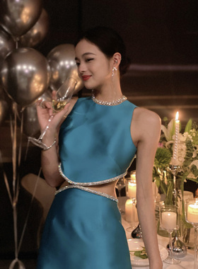 湖蓝色钻链闪闪重工套装小众设计感生日小礼服年会连衣裙平时可穿
