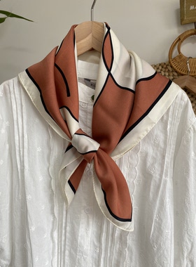 出口韩国订单焦糖色艺术线条简约复古装饰方巾风衣配饰仿丝领巾