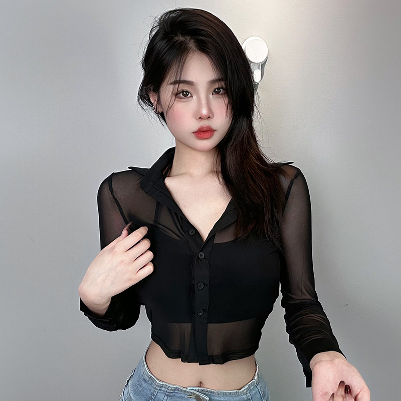 韩国东大门修身显瘦辣妹性感纯欲透视网纱魅惑外搭长袖衬衫上衣女