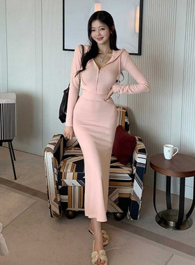 韩国东大门显身材时尚套装修身性感短款连帽外套+包臀鱼尾裙女士