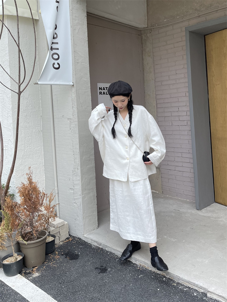ENSEASON新款韩版宽松时尚百搭V领棉麻外套上衣松紧腰半裙套装ins