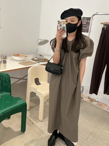 SANBARA韩版泡泡袖连衣裙女a字裙