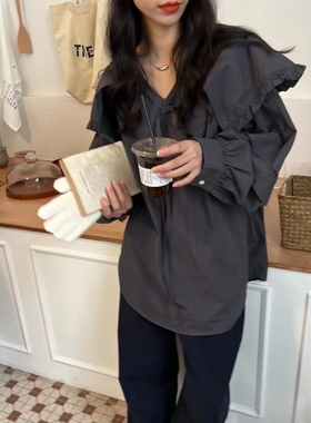 ENSEASON韩版新款荷叶边紫色衬衣女设计感灰色长袖翻领衬衫上衣