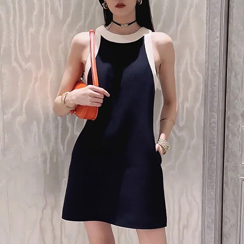 高级定制2023夏季女装黑白间色名媛小香风无袖显瘦收腰背心连衣裙
