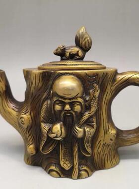 纯铜寿星根雕酒壶工艺品装饰摆件