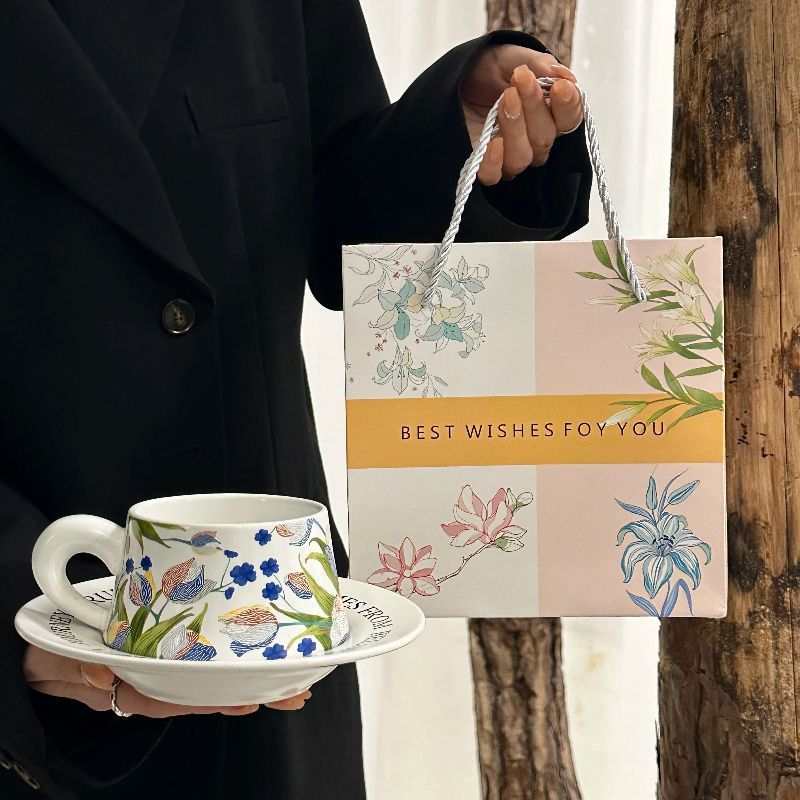 复古撞色鸢尾花陶瓷咖啡杯碟套装下午茶拿铁杯生日礼物伴手礼礼盒