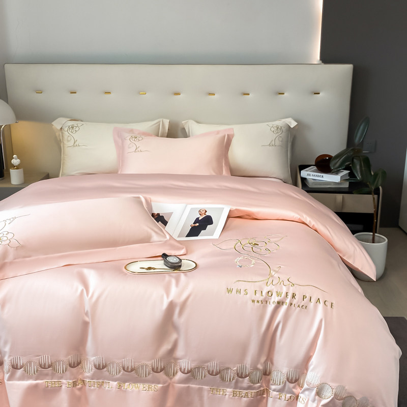 欧式轻奢主卧四件套全棉纯棉双人1.8m床单被套纯色刺绣床上用品