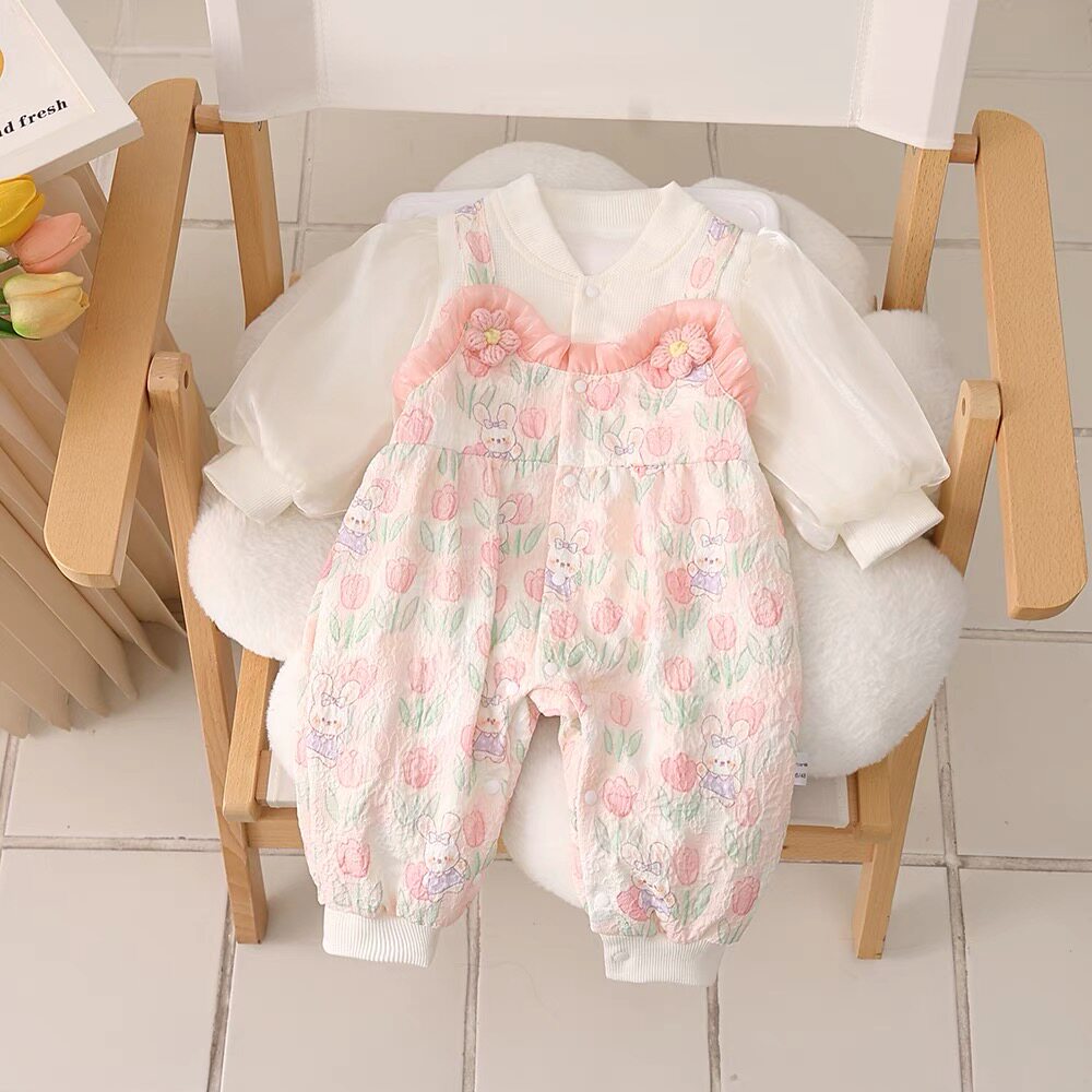 婴儿衣服春秋装连体衣双层女宝宝哈衣爬服新生儿春天外出衣服春装图片