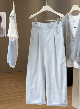 韩系茶白色休闲裤女夏季2026新款高腰宽松百搭直筒阔腿裤九分裤子