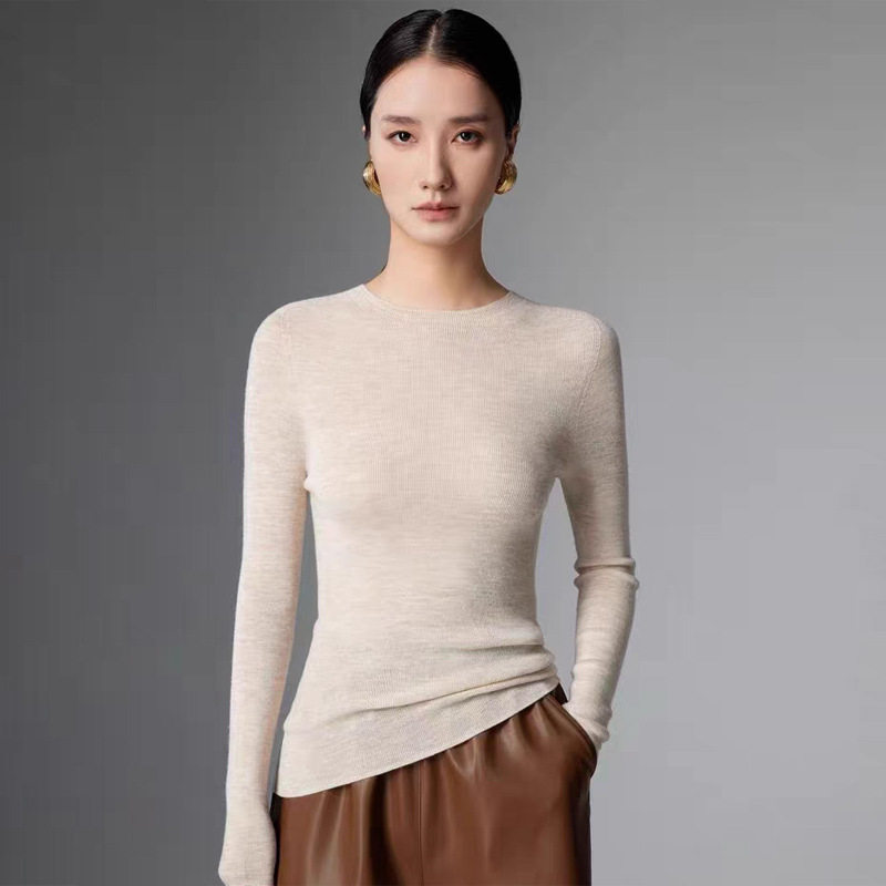 一件代发【可机洗】秋冬薄款圆领100纯羊毛针织打底衫女MKL24-14