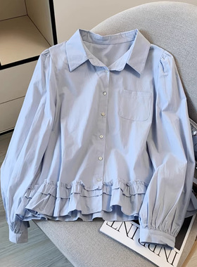 蓝色气质翻领长袖衬衫女2026春季新款韩版宽松单排多扣上衣A10517