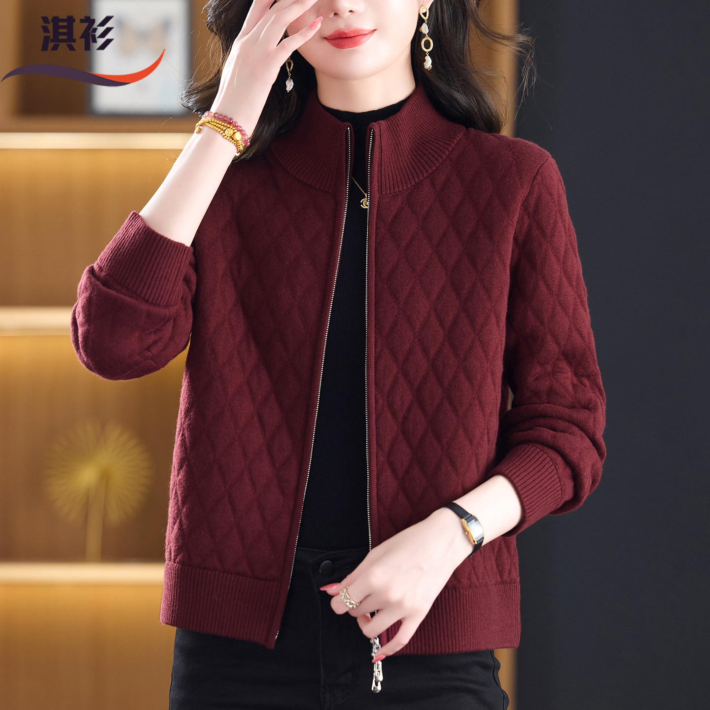 100%羊毛开衫女立领妈妈外套