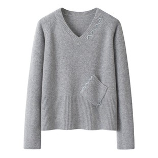 2025女秋新款欧货女潮韩版手绣v长袖套头100%山羊绒衫针织衫毛衣