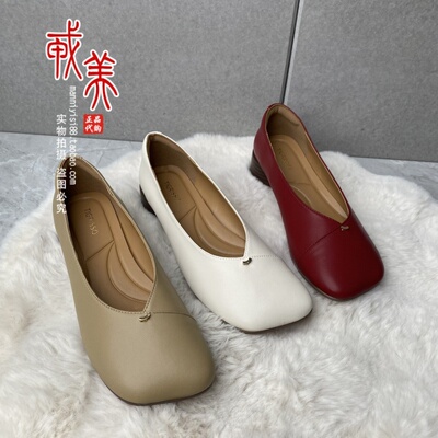 方头平跟方跟舒适羊皮豆豆鞋