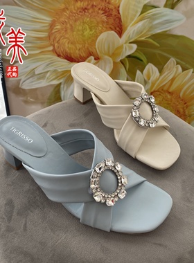 商场同款 2025夏新款水钻粗跟羊皮女外穿一脚蹬凉拖女TA65303-11