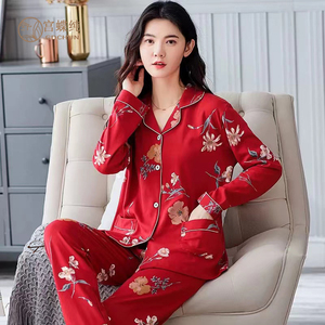 宫蝶纯棉睡衣女士春秋款秋季全棉长袖红色本命年龙年家居服两件套