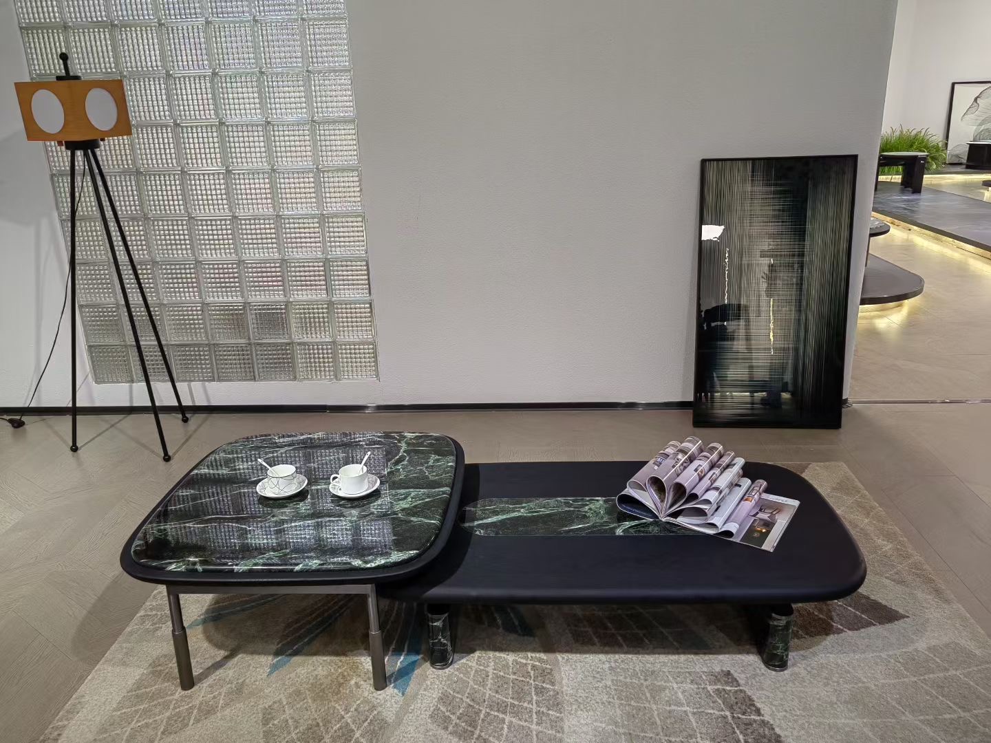 极简茶几中古风圆形品质简约黑色拼色天然大理石圆形组合高级时尚