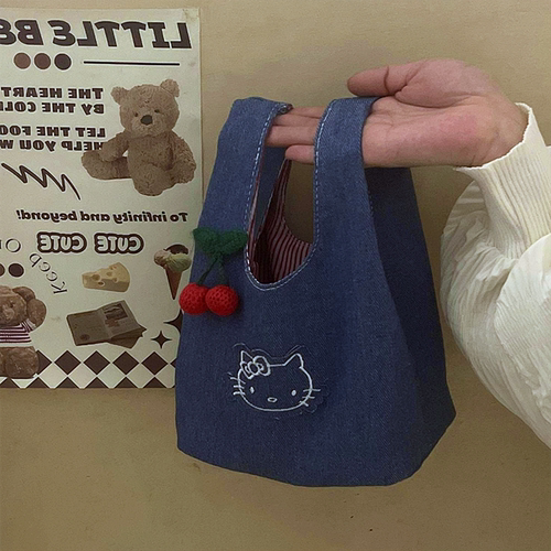 可爱牛仔刺绣kitty手拎包遛弯包 外出便携大容量手提包上班便当包