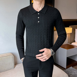 xs小号小码修身纯色针织衫男社会小伙扭花翻领短款毛衣打底衫线衣