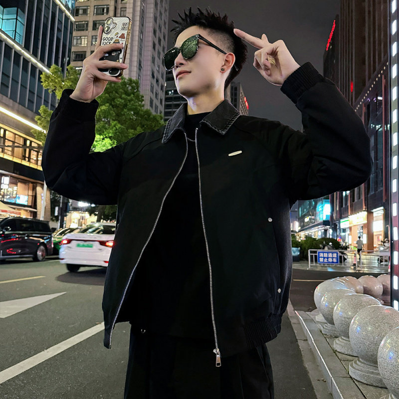 xs小码小号修身短款假两件褂子飞行服翻领拼接牛仔夹克外套男青年