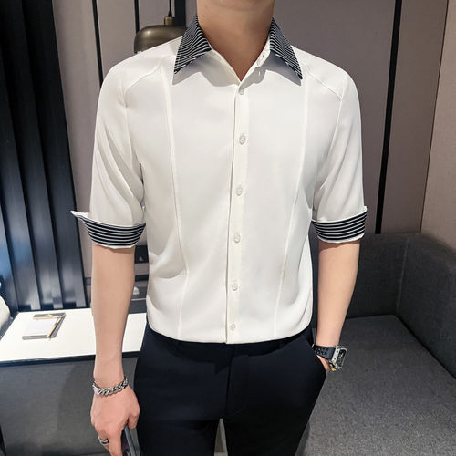 S号XS加小码矮小个子成熟小号英伦风社会小伙男士衬衫撞色拼接夏