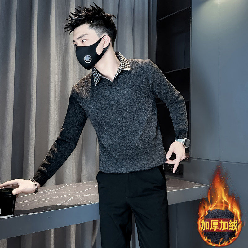 衬衫领毛衣男加绒一体绒假两件拼接社会小伙S号XS码155打底针织衫