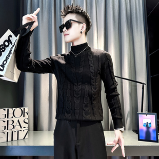 矮小个子简约纯色暗纹半高领S号XS加小秋冬155男士毛衣打底针织衫