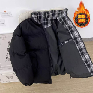 美式拼色格子拼接短款棉服xs小码小号加厚保暖面包服棉衣棉袄潮男