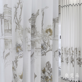 新中式刺绣乡村纱帘透光通透仙气窗帘客厅飘窗阳台纱窗仙气质感新