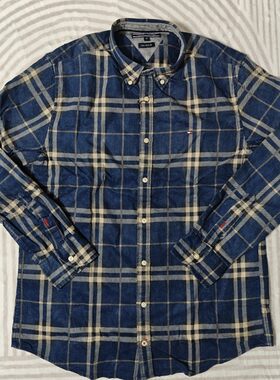 汤家 中古风 复古灯芯绒蓝格子衬衫 格调情侣款